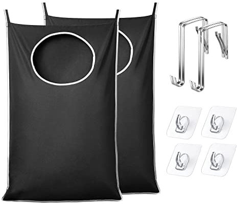 KEEPJOY Large Size 2 Pack Door Hanging Laundry Hamper, XL Hanging Hamper Bag with Large opening and 2 Hooks for Whole Family Dirty clothes Large Size 36.5X22.5 inch Hanging Laundry bag (Black-2pack)