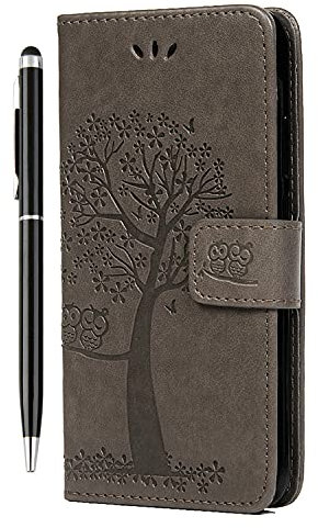 iPhone XS Case with Card Holder, iPhone X Phone Case, Shockproof Wallet PU Leather Flip Owl Tree Embossed Magnet Kickstand Bumper Cover for iPhone XS/X & 1 Touch Pen Gray