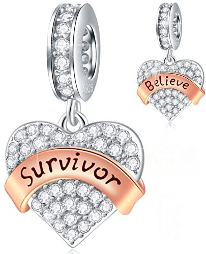 Überlebende Glaube Charms fit Pandora Weihnachten Armband, Pave Herz Klar CZ Survivor Believe Anhänger in 925 Sterling Silber mit Rosegold Schleife Charms, Geschenke für Frauen/Männer