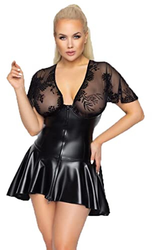 .Noirhandmade Schwarzes Plus Size Dessous Wetlook Minikleid mit Tüll und Zwei-Wege-Reißverschluss Pettitcoat-Kleid mit Ausschnitt elastisch 4XL