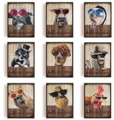 INFUNLY Set Mit 9 lustigen Tier-Wand-Kunstdruck Land Vintage Esel Mit Brille Wandposter Gemälde Ungerahmt Bunte Tiere Wandkunst Für Schlafzimmer Küche Wohnzimmer Badezimmer Zuhause