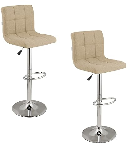 Baroni Home gepolsterter Barhocker oder Küchenhocker, verstellbar und drehbar um 360°, mit Rückenlehne und Fußstütze, Gestell aus verchromtem Stahl, Beige Stoff, 2 Stück