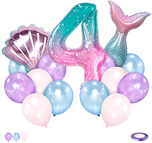 Ballon Sirène Arc-en-Ciel Pastel 4 Ans Géant Chiffre Anniversaire pour Fille - Thème Sirène Décoration Fête Enfants
