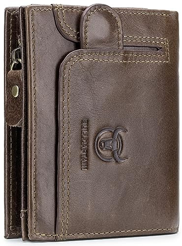 BULLCAPTAIN RFID-blockierende Geldbörse für Herren, echtes Leder, Kartenhalter mit 15 Kartenfächern, Braun mit Reißverschluss, 4.56x3.74x0.82, Retro