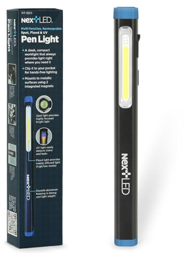 NextLED NT-6615 Heavy Duty Rechargeable Pen Light, 3 in 1 Flashlight, Spot/Flood/UV Pen Light for Mechanics, Compact Inspection Flashlight, Multi-Function Pocket Work Light, Aluminum, Magnets, Type-C