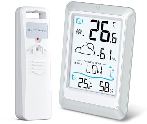 LOFICOPER Digitale Wetterstation, Hygrometer Thermometer für Drinnen Draußen mit Wettervorhersage, Außensensor 328 fuß/100m Reichweite, Temperatur Luftfeuchtigkeit Monitor für Büro, Zimmer