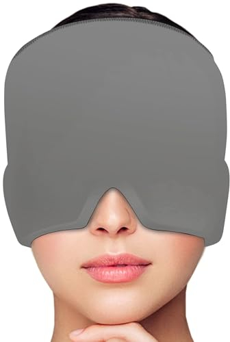 Migräne Maske, 180° Abdeckung Einstellbar Migräne Mütze Migraine Relief Cap Kühlpads Gel Kaltkompressionstherapie-Kühlpack für Kopfschmerzen | geschwollene Augen | Nebenhöhlen | Nervosität (Gris)