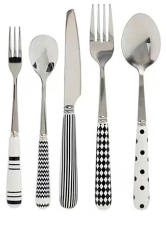 Set De Couvert 5 Pièces En Céramique Manche Couteau Fourchette Et Cuillère Ensemble En Acier Inoxydable Couverts Noir Et Blanc