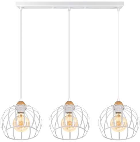 iDEGU 3-flammig Pendelleuchte Vintage Industrial Hängelampe aus Holz und Eisen Käfig Design 20cm Lampenschirm E27 Hängeleuchte für Esstisch Küche Wohnzimmer Schlafzimmer Restaurant (Balken, Weiß)