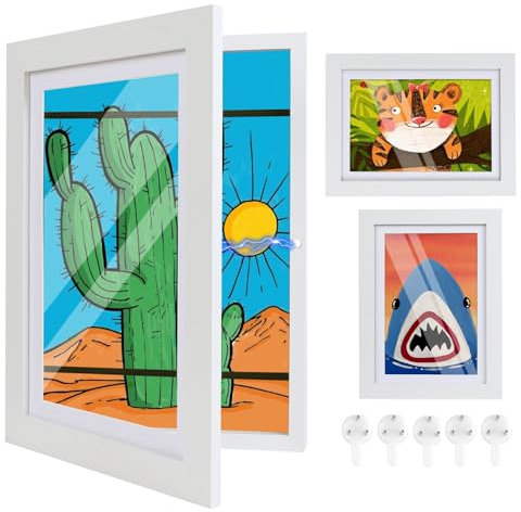 Cathpetic 4 Stück Bilderrahmen A4 - Magnetrahmen Wechselrahmen, Befüllbarer Archiv für 150 Bilder, Aufklappbar für Kinderzeichnungen - Holz