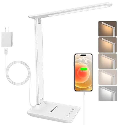 karidi LED Desk Lamp Dimmable Table Lamp with USB Charging Port, 5 Lighting Modes, Sensitive Control, Foldable Portable Desk Light for Home Office Bedroom Reading (White, Standard Size - 13.3 inch)