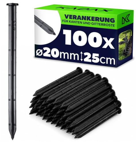 KADAX Erdanker zur Montage, 25 cm, 100x Bodenanker aus Kunststoff, Erdnägel, Verankerungen mit Noppen, Kunststoff-Erdanker für Umfassungen und Rasengitter (Schwarz, Rund)
