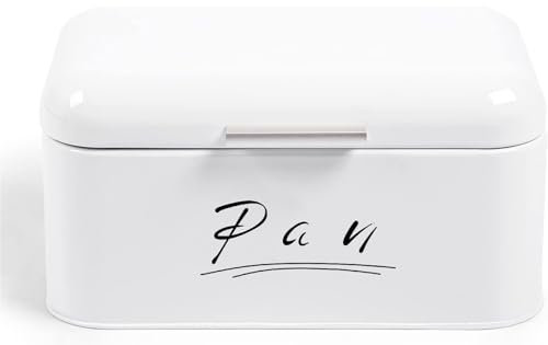 Madera Nieve Panera metálica con tapa abatible | Caja de almacenamiento para pan, bollería y galletas | Mantiene el pan fresco y seco | Diseño retro para cocina (Blanco, Metálica 31)