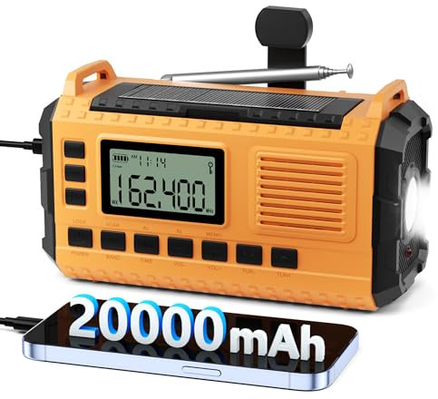 Radio météo d'urgence – AM/FM/NOAA Radio à manivelle avec charge rapide 15 W, banque d'alimentation solaire 20 000 mAh, lampe de poche multifonction et alarme SOS (orange)