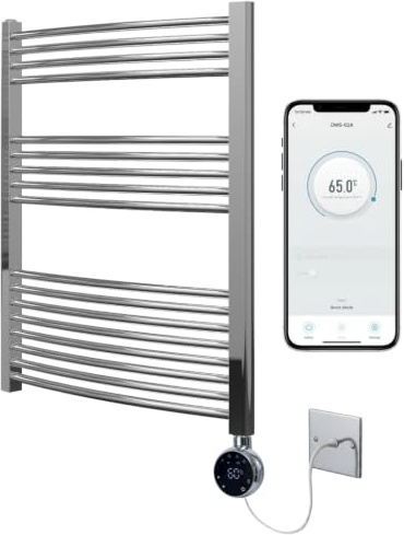 Greened House Chrome Electric WiFi Heated Towel Rail 600mm W x 1000mm H | Curved Design, Smart WiFi Controlled, 7 Day Programming, App Compatibility