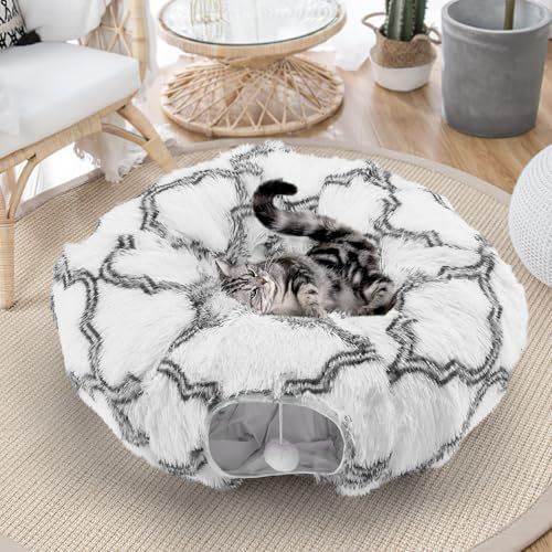 Iptienda Katzentunnel XXL mit Schlafplatz & Spielhöhle – Faltbarer Katzen Spielzeug Tunnel aus Plüsch, Weich & Leicht zu Reinigen für Große Katzen (Grauen Muster)