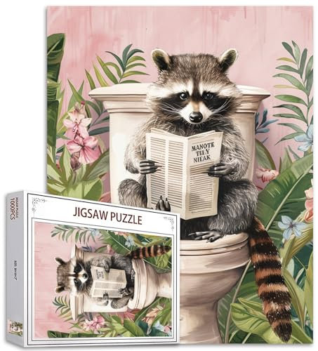 Tucocoo 1000 Pieces Jigsaw Puzzles for Adults Cute Raccoon Newspaper Puzzle Funny Animals on Toilet Bathroom Puzzles for Challenging Family Activity Game Colorful DIY Crafts Puzzle Wall Decor Gifts