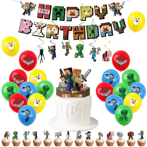 Minecraft Birthday Party Decorations for Boys - Complete Kids Party Kit with Hanging Banner, Swirls, Balloons & Cake Toppers | Minecraft Themed Supplies for Boys' Birthday Celebrations