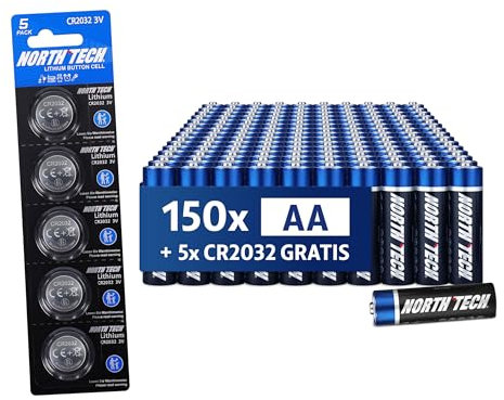 North Tech AA Batterien Ultra Alkaline 150 Stück (2800 mAh) + 5× CR2032 | 1,5V Energiequelle für Geräte mit hohem Verbrauch | Hochleistungsfähig, auslaufsicher & langlebig I 10 Jahre Haltbarkeit