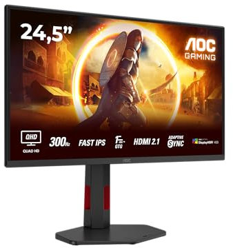 AOC Gaming Q25G4SR - Monitor Quad HD da 255 pollici, 300 Hz, 1 ms, FreeSync. Prem., G-Sync comp., HDR400 2560x1440, 2x HDMI 2.1, DisplayPort 1.4 nero-rosso, 25 Inch QHD IPS