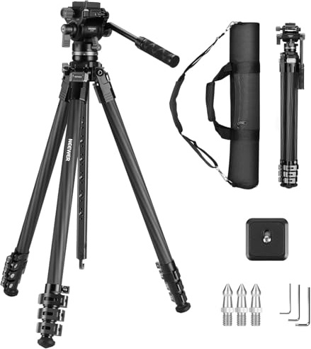 NEEWER 60,4 Trípode Viaje Fibra Carbono con Damped Cabezal Fluido Desmontable, Soporte Ligero Cámara Video con Flip Buckle Metal Rápido, Placa QR Tipo Arca Compatible con Peak Design Capture V3, T37