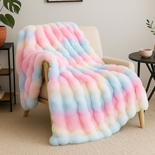 Bcuuozeeing Bubble Decke - 100 x 160cm Kuscheldecke Bunt, Bunt Plüsch, Regenbogen Plüsch Kuscheldecke, Super Soft Wohndecke Dick 1450g/m² Flanell Decke, für Bett Sofa Schlafzimmer Büro