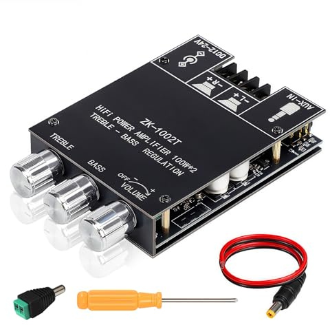 Cozychord ZK-1002T Bluetooth 5.0 - Scheda amplificatore stereo 200W HiFi 2.0 canali mini modulo amplificatore audio con controllo alti e bassi, ingresso AUX, CC 12V-24V per altoparlanti