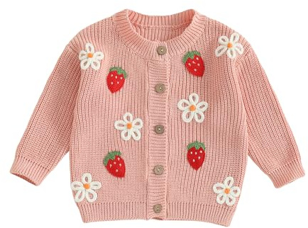 Fall Winter Toddler Baby Girl Cute Knit Sweater Long Sleeve Crew Neck Strawberry Flower Embroidery Button Cardigan Knitwear Warm Kids Clothes
