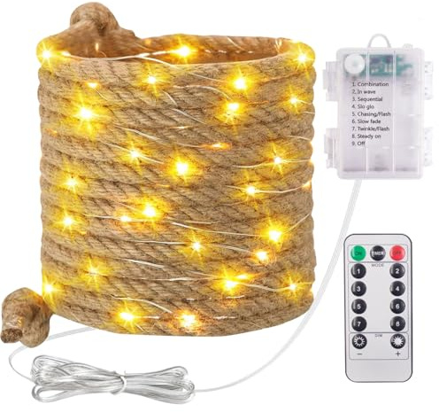 Lichterkette Seil,3M Rope Lights,Hanfseil Fee Lichterkette Aussen,50 LED Gartenleuchte,Batteriebetrieben Lichterkette Außen Wetterfest,Warmweiße Naturseil Lichterketten,für Kinderzimmer Party Deko