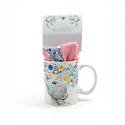 MVL Cute Teddy Bear Coffee Mug with Matching Socks Gift Set – Floral Tea Cup & Cozy Stocking Gift for Women, Girls, Birthday, Christmas | Kitchen Drinkware Accessory- Winter Essential
