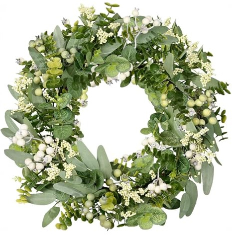 Solinorex Ghirlanda di Eucalipto e Bacche Sempreverde da 46 cm in PE Premium – Corona Decorativa Resistente per Porta d'Ingresso, Giardino e Esterni con 6 Gruppi di Bacche per Tutte le Stagioni