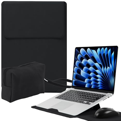 Niboow 15-16 Zoll PU Leder Laptop Sleeve Laptophülle für MacBook Pro/Air | für MacBook Pro 16 (M5, M4-M1 Pro/Max), MacBook Air 15 (M5, M4-M2), Surface Gefrostet Standfunktion Laptoptasche, Schwarz