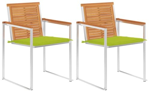 Ziaphsol Gartenstühle 2er Set, Massivholz Akazie & Edelstahl, Rostbeständig, Hellgrüne Kissen mit Bändern, 60x56x85cm, Komfortable Sitzgelegenheit für Balkon, Terrasse & Garten
