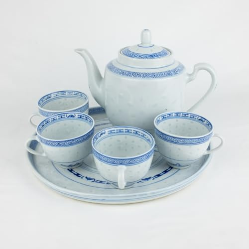 Service à Thé Chinois Traditionnel en Porcelaine Grains de Riz (5 Pièces)