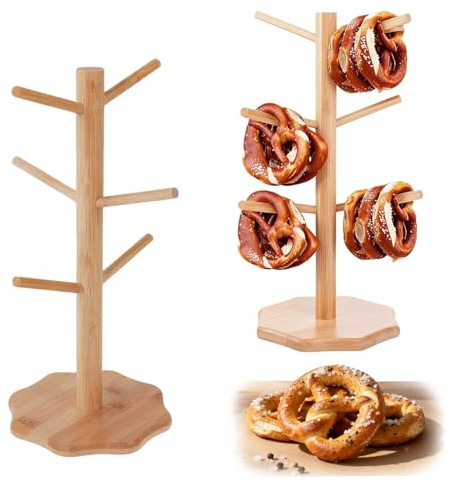 2Pcs Soporte Pretzels Bambú con Base Flor Ciruelo Engrosada,Soporte Tazas Café Forma Árbol 6 Ganchos Altura 34cm, Organizador Taza Portavasos Embutidos para Cocina, Restaurantes, Bares Decoración