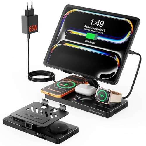 GEEKERA 4-in-1 Ladestation für Apple, Eingebautes einziehbares Ladekabel für iPad, Magnetisch Induktionsladegerät für iPhone Air/17-12, Charging Station für Apple Watch und AirPods, Metallisch Schwarz