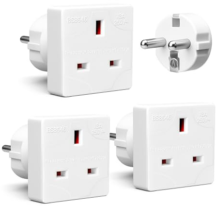 Desiretech EU Travel Adaptor - Pack of 3, UK 3 Pin to EU 2 Pin, Type G to Type C/E/F Plug Converter for European Trips, 13A 250V, Compact & Heat-Resistant, CE & UKCA Certified, White