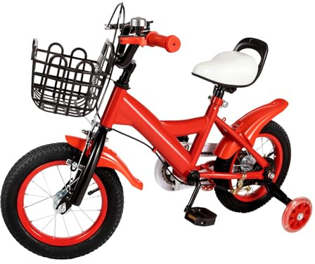Guoked 12 Zoll Kinderfahrrad, 2-5 Jahre Höhenverstellbar Upgraded Kinder Fahrrad Trainingsfahrrad Mädchenfahrrad Jungenfahrrad mit Stützräder Korb Wasserflasche Becher für Schulung Outdoor Reiten