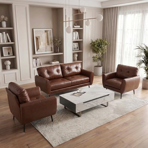 ROCSUMOO 2 Sitzer Sofa Set mit 2 Einzelsesseln (Braun, 1 Sofa + 2 Sessel) | 3er Sofa Set Modernes Sofa 2 Sitzer, Comfy Leder-Oberfläche Büro-Sitzbank, 146cm 2er Couch für Wohnzimmer Schlafzimmer Büro