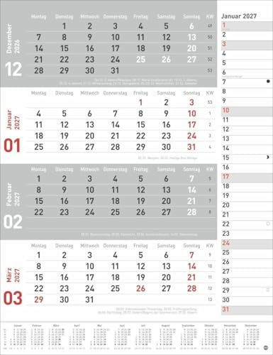 4-Monats-Planer, rot 2027: Praktischer Wandplaner mit Datumsschieber. Büro-Kalender mit Notizspalte und Jahresübersicht. Wandkalender 2027 im Hochformat. 30 x 39 cm.