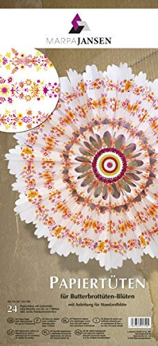 MarpaJansen Papiertüten für Deko-Sterne/Blüten - Bastelset - Butterbrottüten - (10 x 22 cm, 24 Stück) - inkl. Bastelanleitung - Blumen-Bordüre