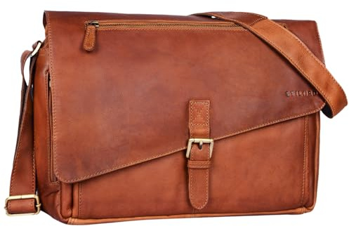STILORD Merlin Vintage Leder Umhängetasche Damen Herren Klassische Aktentasche für Arbeit Büro große Unitasche mit 15.6 Zoll Laptopfach echtes Leder Farbe:Cognac - braun