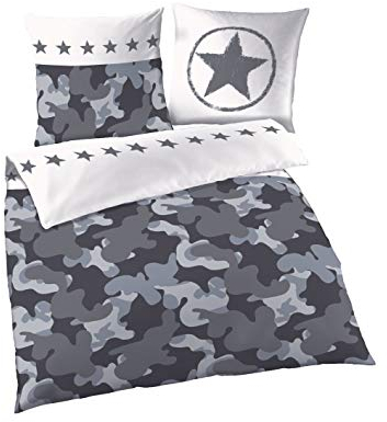 CAMOUFLAGE Bettwäsche · Sterne & Camo · Militär Army Tarnlook grau, silber, anthrazit · 2 teilig Kissenbezug 80x80 + Bettbezug 135x200 cm