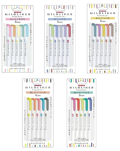 Zebra MildLiner Stifte, Komplett-Set, 25 lebendige Farben, ideal für Textmarkierungen, Kinder, Büro, Uni, Schule (WKT7-5C WKT7-5C-NC WKT7-5C-RC WKT7-N-5C WKT7-5C-HC)
