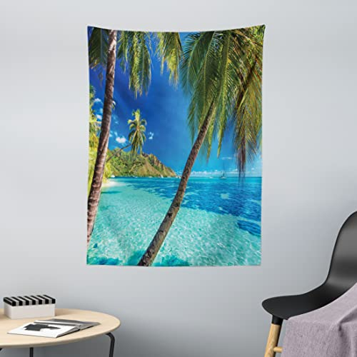 ABAKUHAUS Tropisch Wandteppich, Palmen, Meer, Strand aus Weiches Mikrofaser Stoff Waschbar ohne Verblassen Digitaldruck, 110 x 150 cm, Blau Türkis