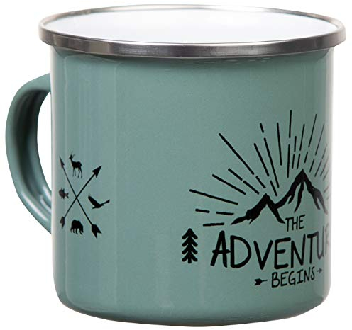 Mugsy - Tazza smaltata con scritta “The Adventure Begins”, 330 ml, attrezzatura da campeggio, design retrò (verde oliva)