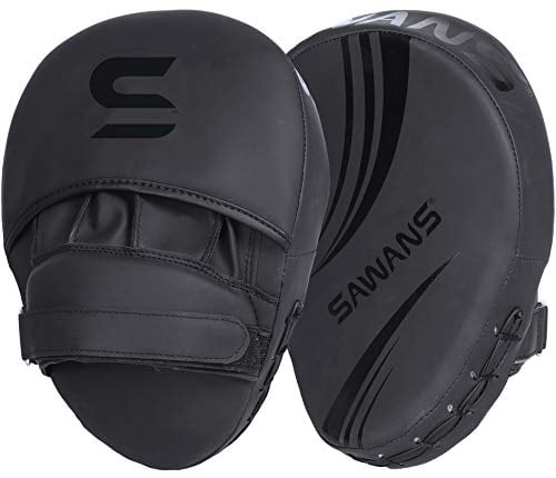 SAWANS® Box Fokus Pads Haken und Stoßhandschuhe, Kunstleder, Kickboxen, MMA, gebogener Arm, Schlagschild, Schlagen, Zielpolster, Kampfsport, Muay-Thai-Training (matt-schwarz)