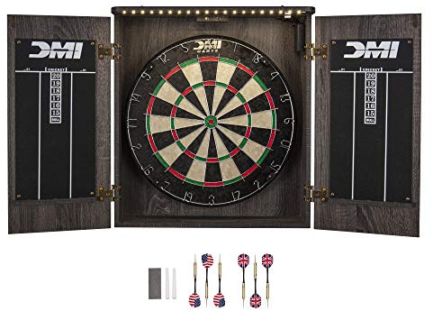 DMI Sports Paris Bristle Dartboard Cabinet Sets - Includes LED Lighting or Electronic Scoring Option, Rustic Grey (D4400W)