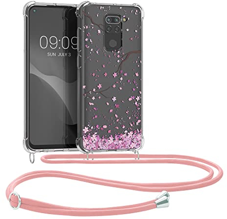 kwmobile Carcasa Compatible con Xiaomi Redmi Note 9 Funda con Cuerda - Funda con Correa Colgante - Cordón Ajustable - Bordes elevados - Flores Cerezo cayendo