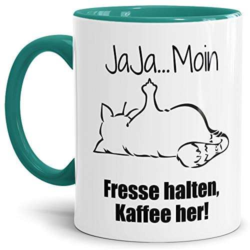 Tasse mit Spruch - Nö-Katze Ja Ja Moin - lustige Tasse für die Arbeit/Bürotasse/freche Tasse mit Katze/Geschenkidee lustig - Innen & Henkel Türkis